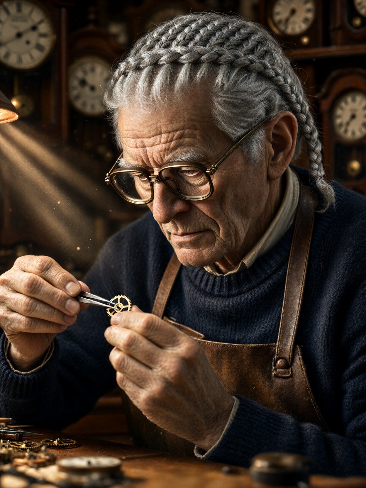 Elderly Watchmaker Holding Golden Gear — AI generated image