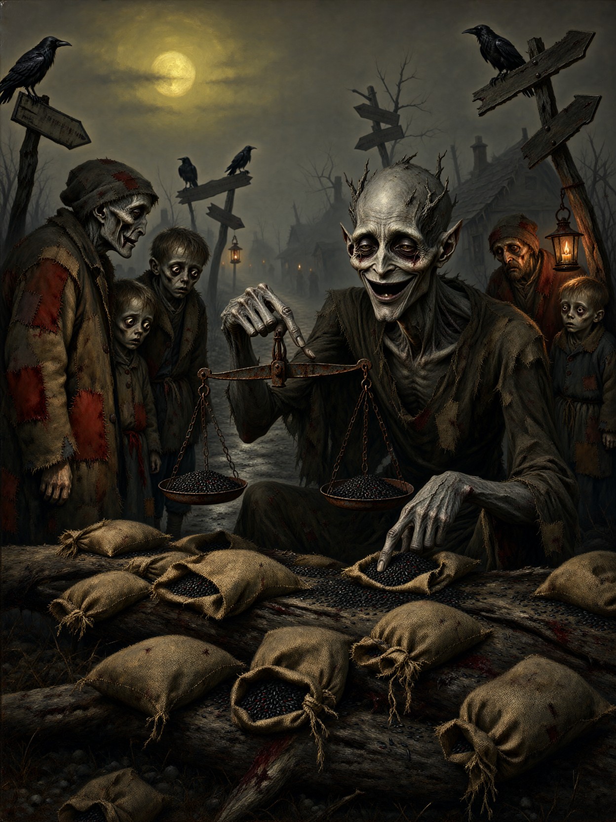 Famine Demon at Foggy Crossroads — AI generated image