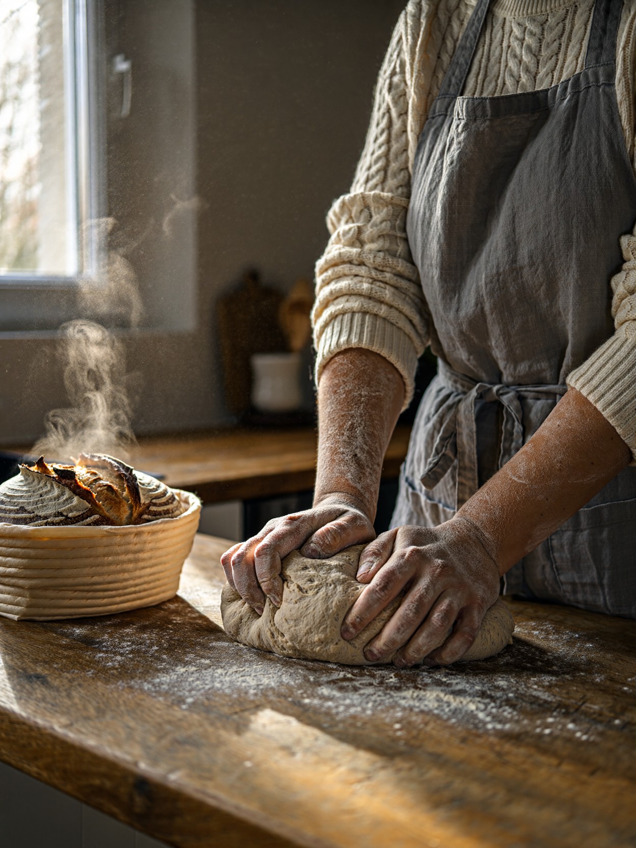 Hands Kneading Rustic Sourdough Dough — AI generated image
