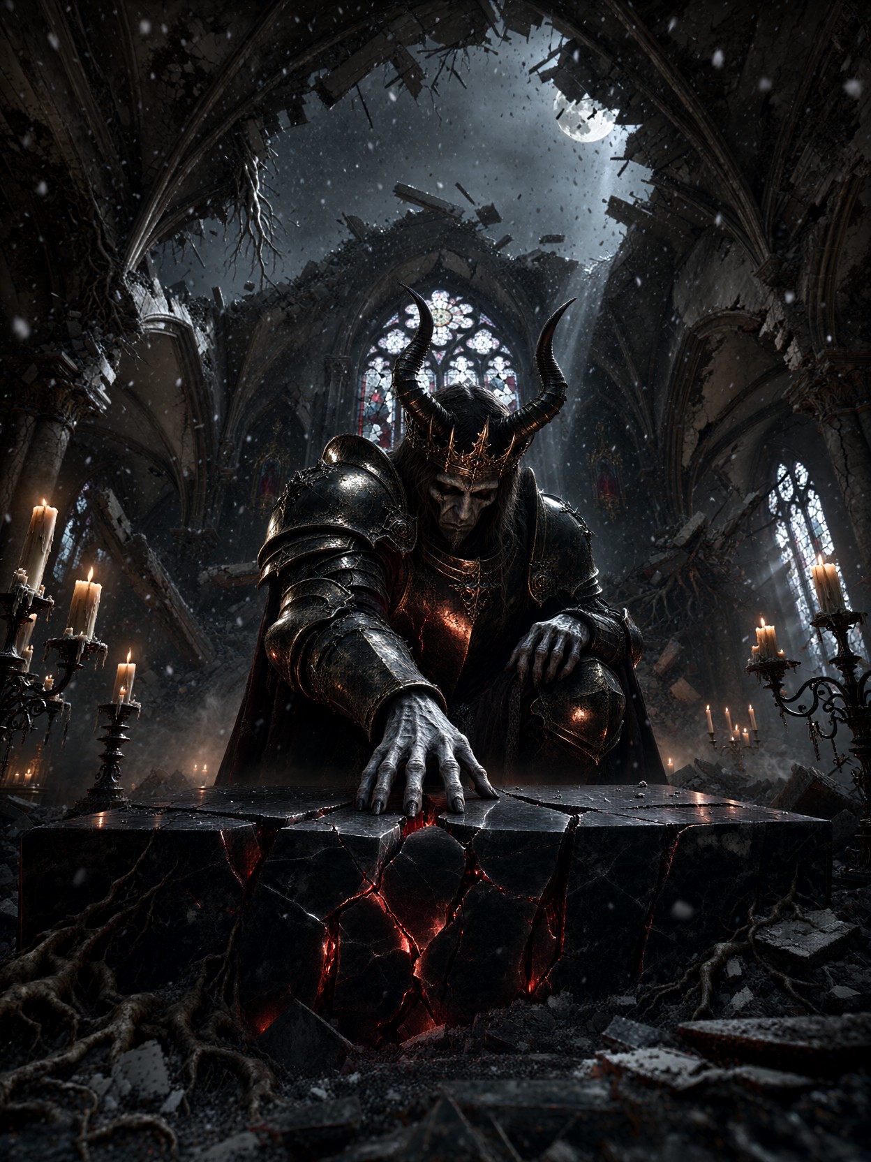 Horned King Kneeling At Obsidian Altar — AI generated image