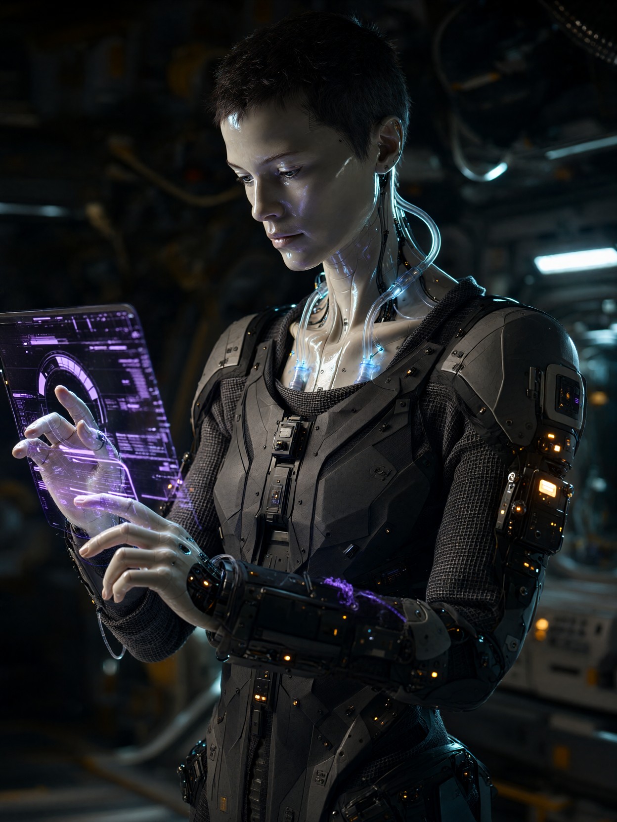 Cybernetic Engineer In Orbital Bay — AI generated image
