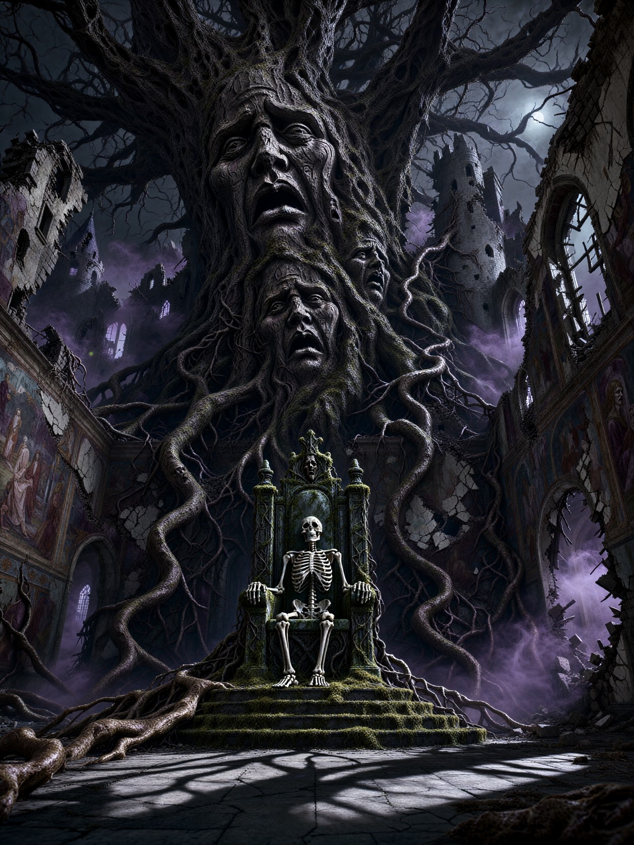 Ancient Tree Devouring Ruined Castle — AI generated image