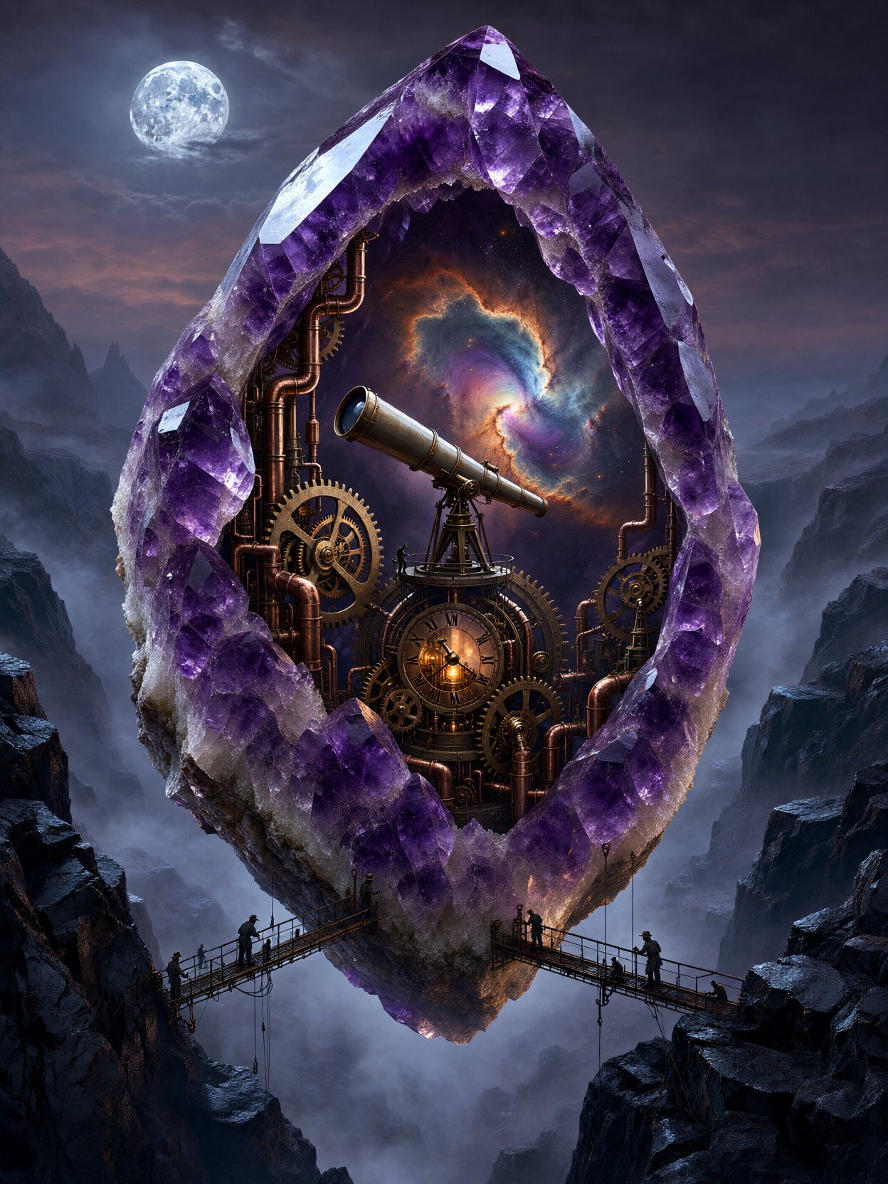 Colossal Amethyst Geode Clockwork Observatory — AI generated image