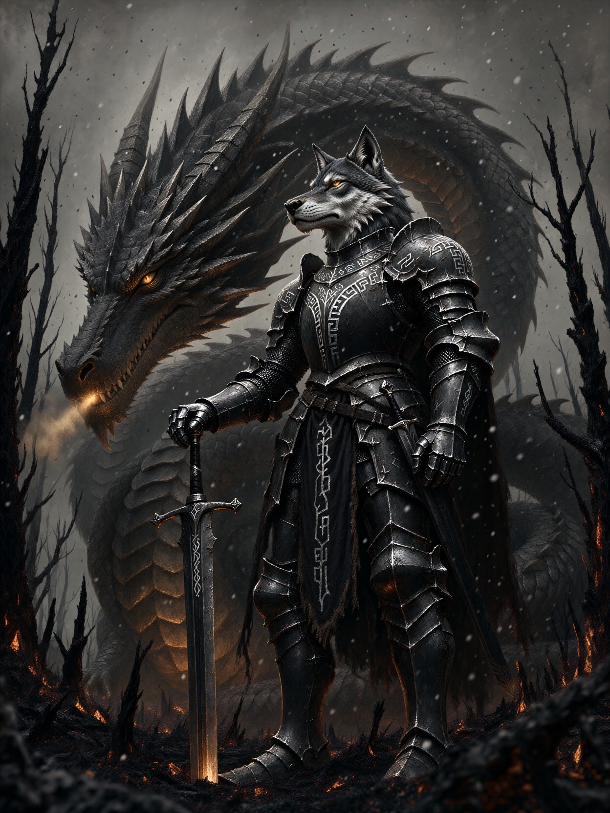 Wolf Knight Vigil Beside Dragon — AI generated image