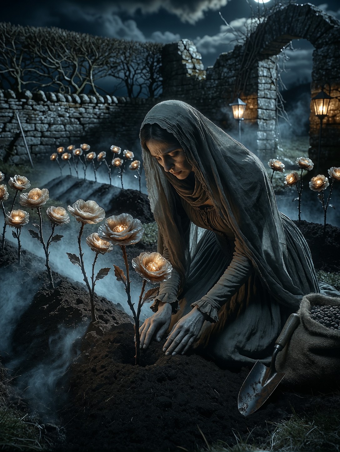 Widow Planting Glowing Tooth Flowers — AI generated image